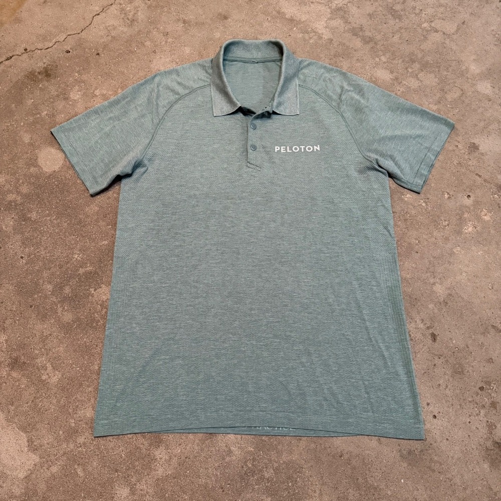 Lululemon Polo Mens Large Green Peloton Metal Vent‎ Tech Short Sleeve Athletic